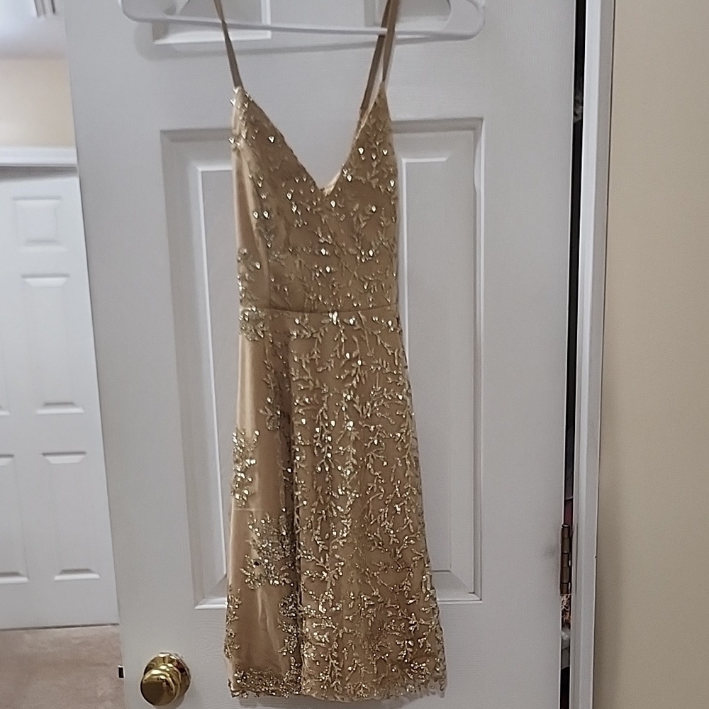 Gold Sequin Embellished Spaghetti Strap Dress